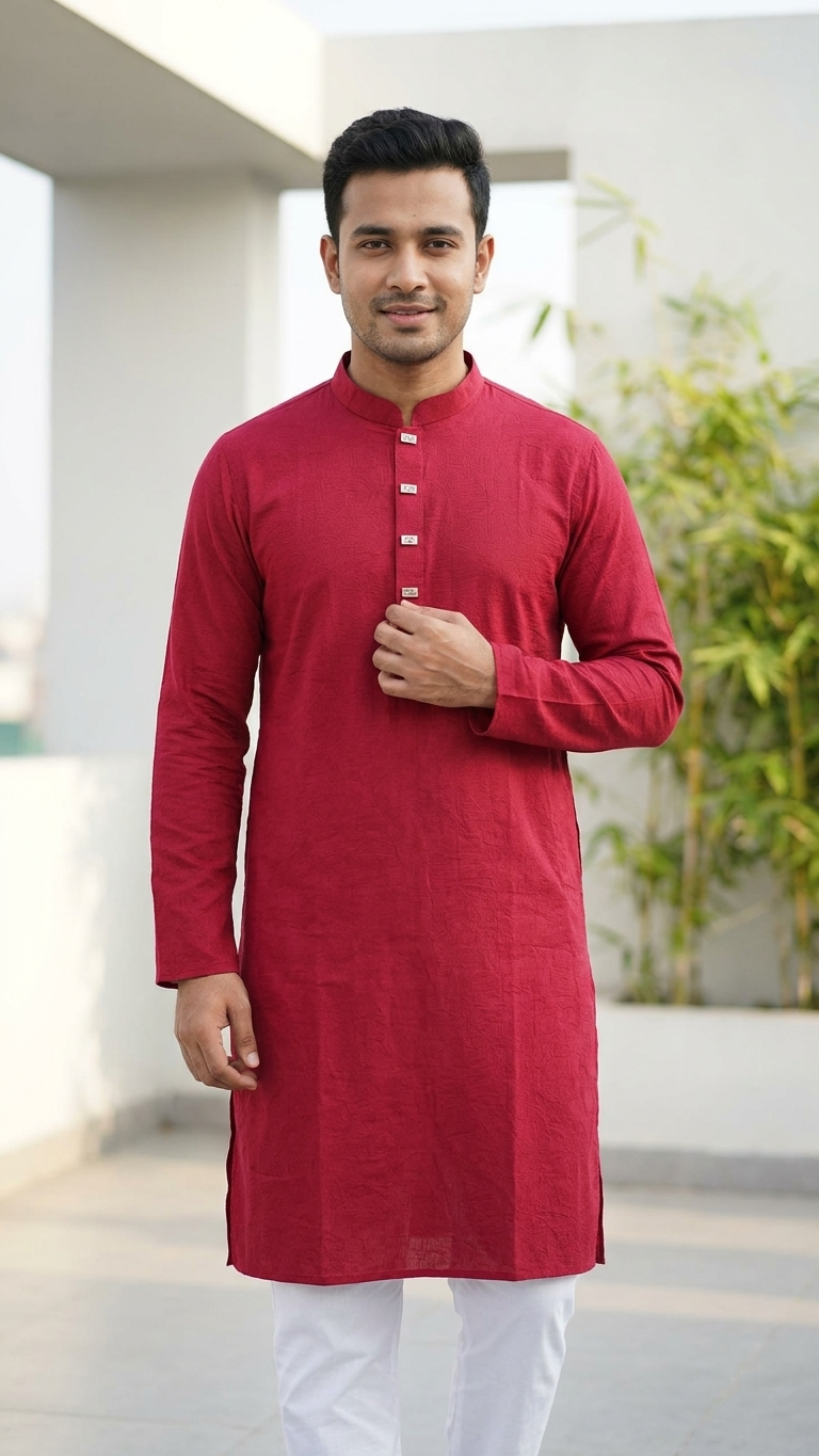Men's Red Crepe Panjabi Tunic | Soft Fabric Kurta for Festive & Casual Wear