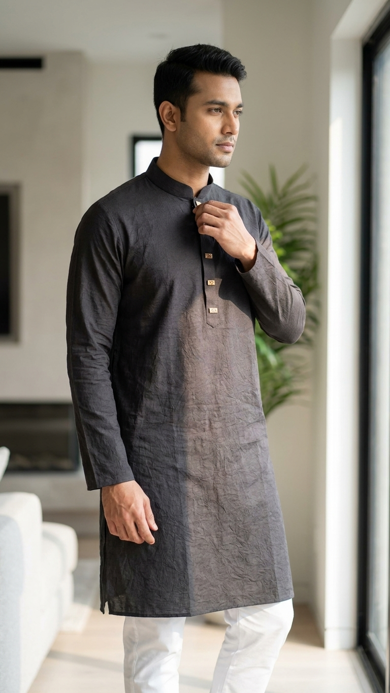Men's Black Crepe Fabric Panjabi Tunic